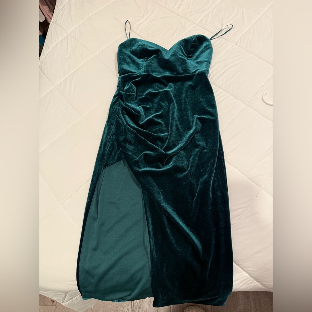 Fashion Nova Teal Asymmetrical Velvet Dress